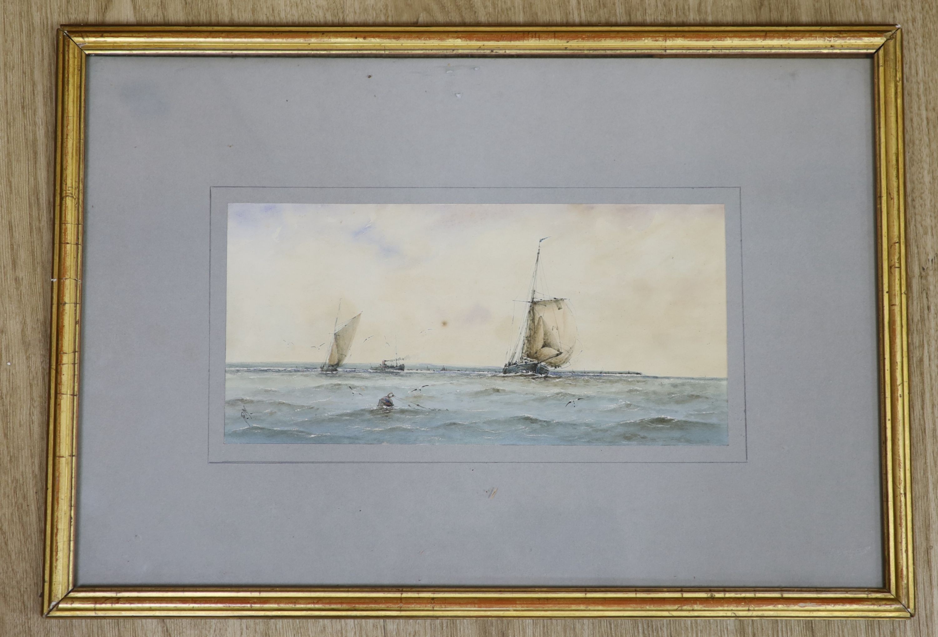 Richard Markes (1875-1920), watercolour, Fishing boats and steamer along the coast, initialled, 15 x 32cm